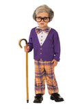Boy in the Little Old Man costume with a grey comb-over wig, purple mock cardigan, plaid bow tie and slacks