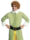 Man in an elf costume wearing the curly brown Buddy the Elf wig