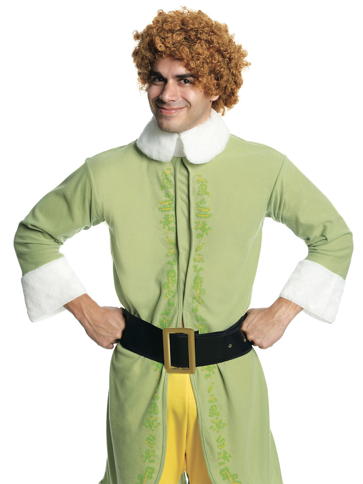 Man in an elf costume wearing the curly brown Buddy the Elf wig
