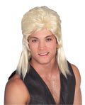 Man wearing a blonde mullet wig, short at the front and long at the back