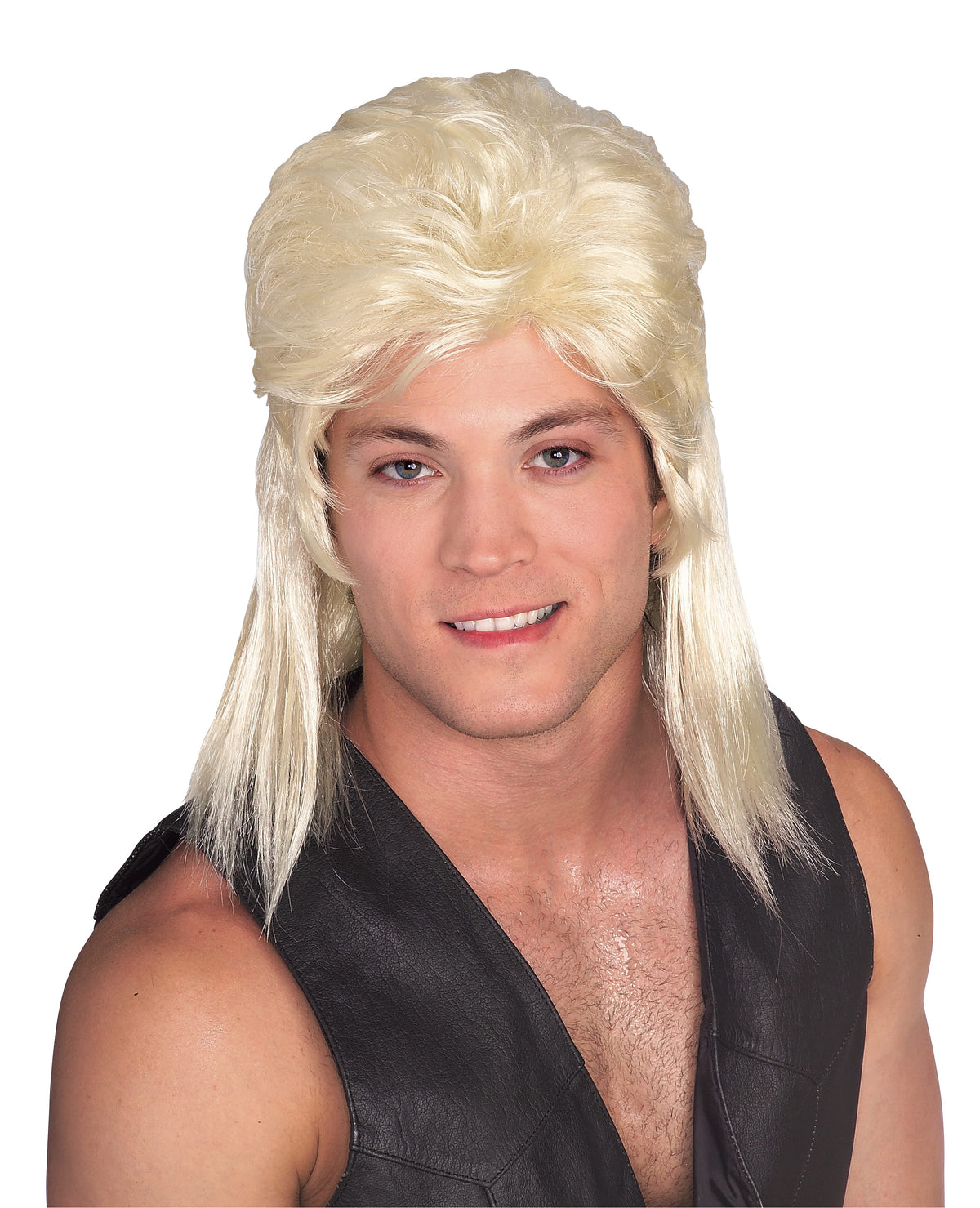 Man wearing a blonde mullet wig, short at the front and long at the back