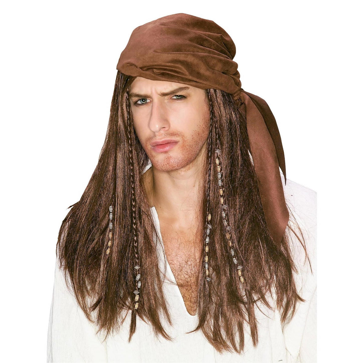 Man wearing a long brown pirate wig with beaded plaits and a brown suede head scarf
