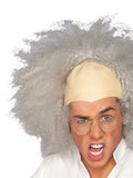 Man wearing a wild grey frizzy mad scientist wig with a bald cap