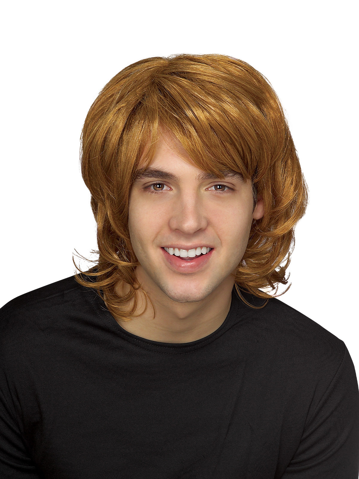 Man wearing a layered auburn 70s shag wig