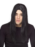 Man wearing a long straight black wig with a middle part