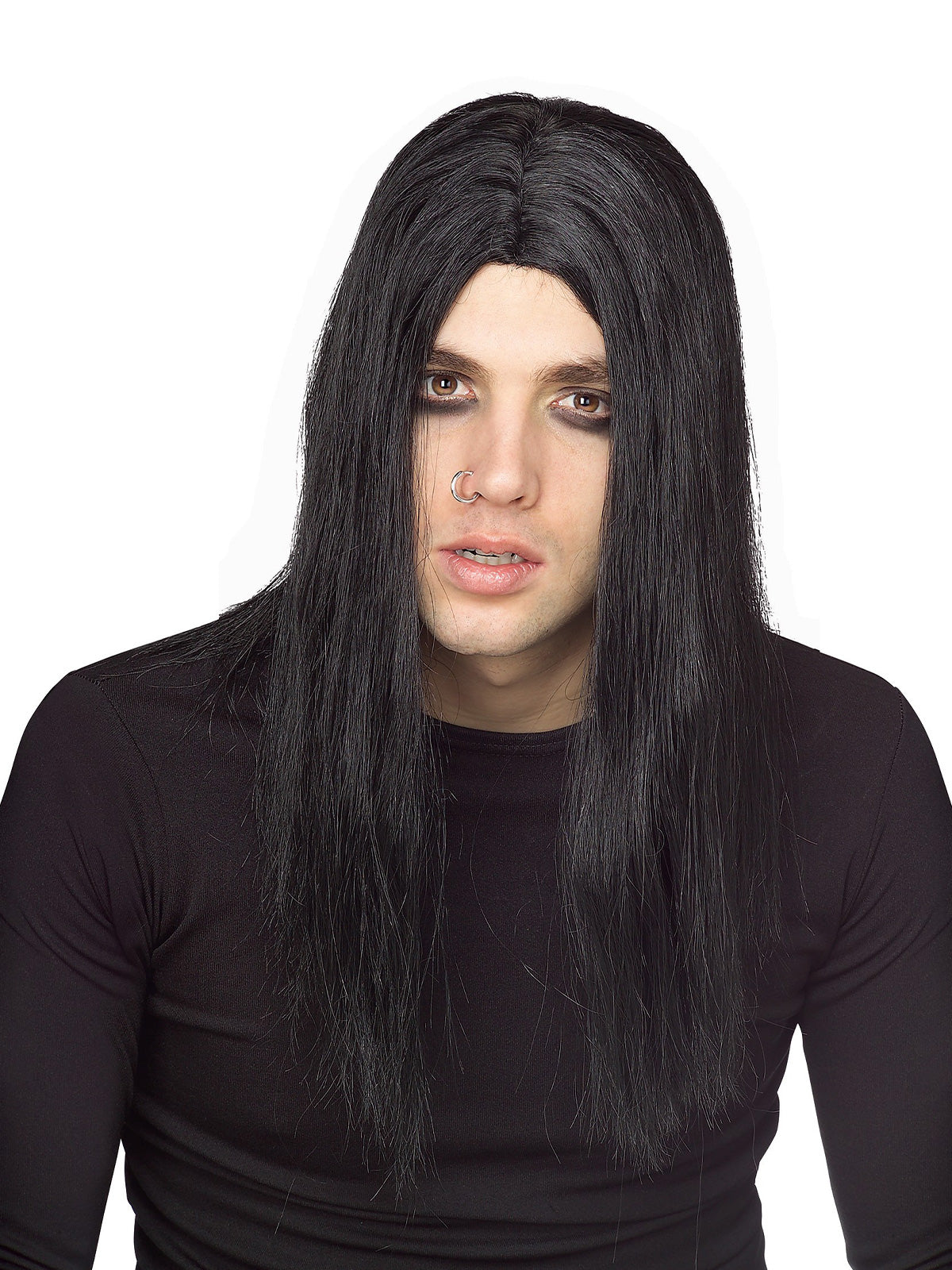 Man wearing a long straight black wig with a middle part