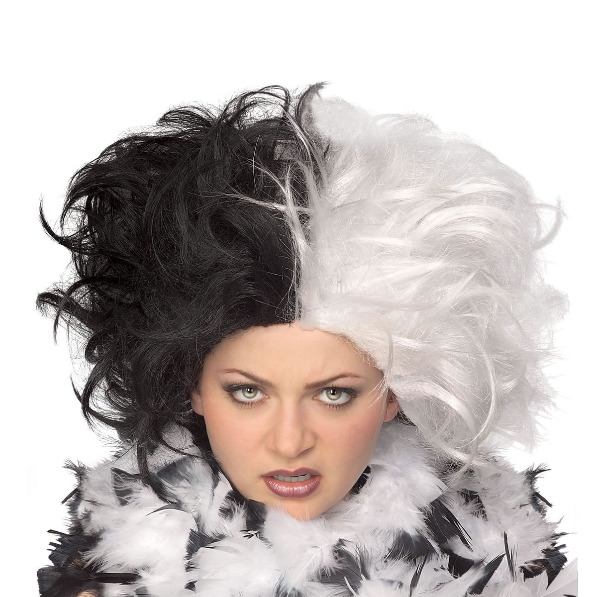 Woman wearing a wild half black, half white wig