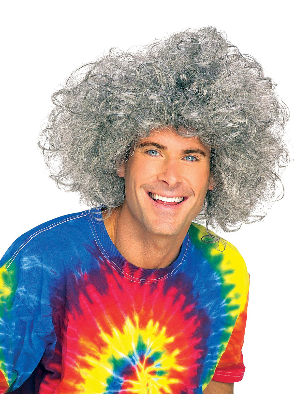 Man wearing a wild, full grey frizzy mad scientist wig