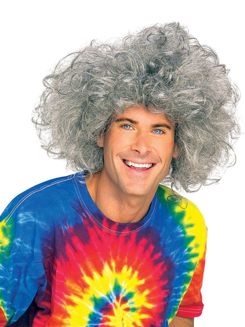 Man wearing a wild, full grey frizzy mad scientist wig