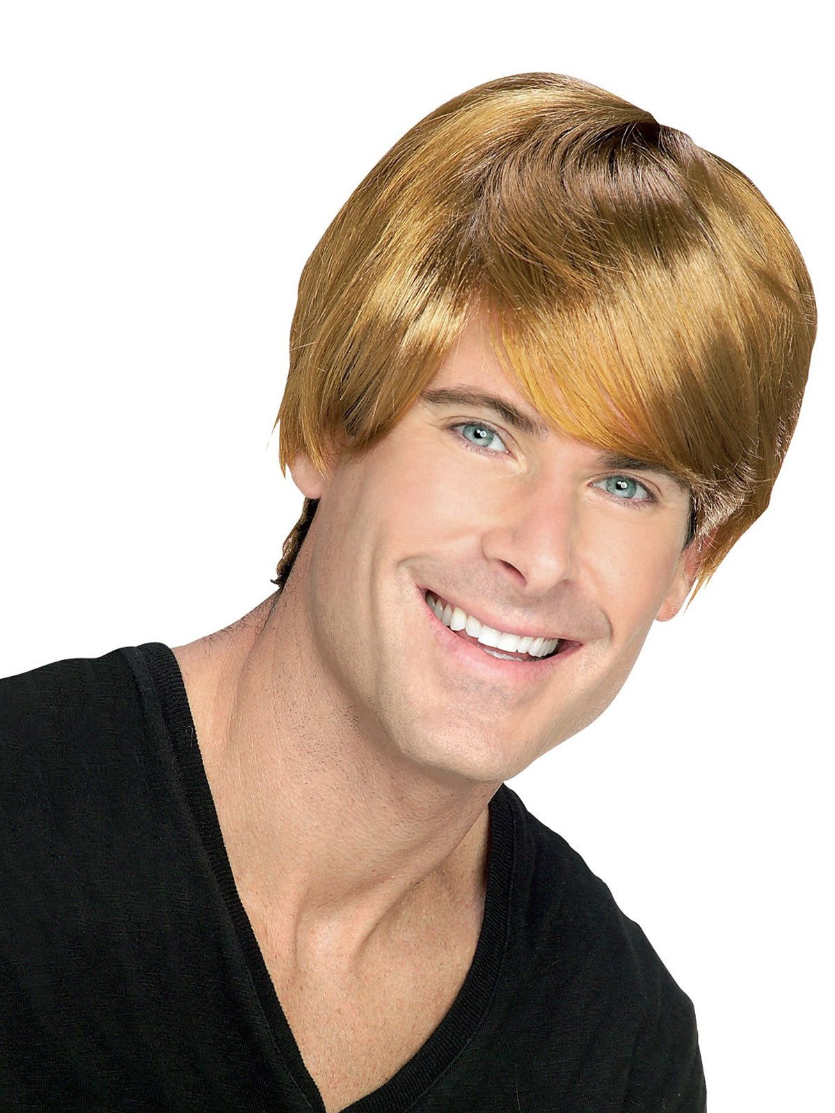 Man wearing a short neatly cropped light brown wig with side-swept fringe