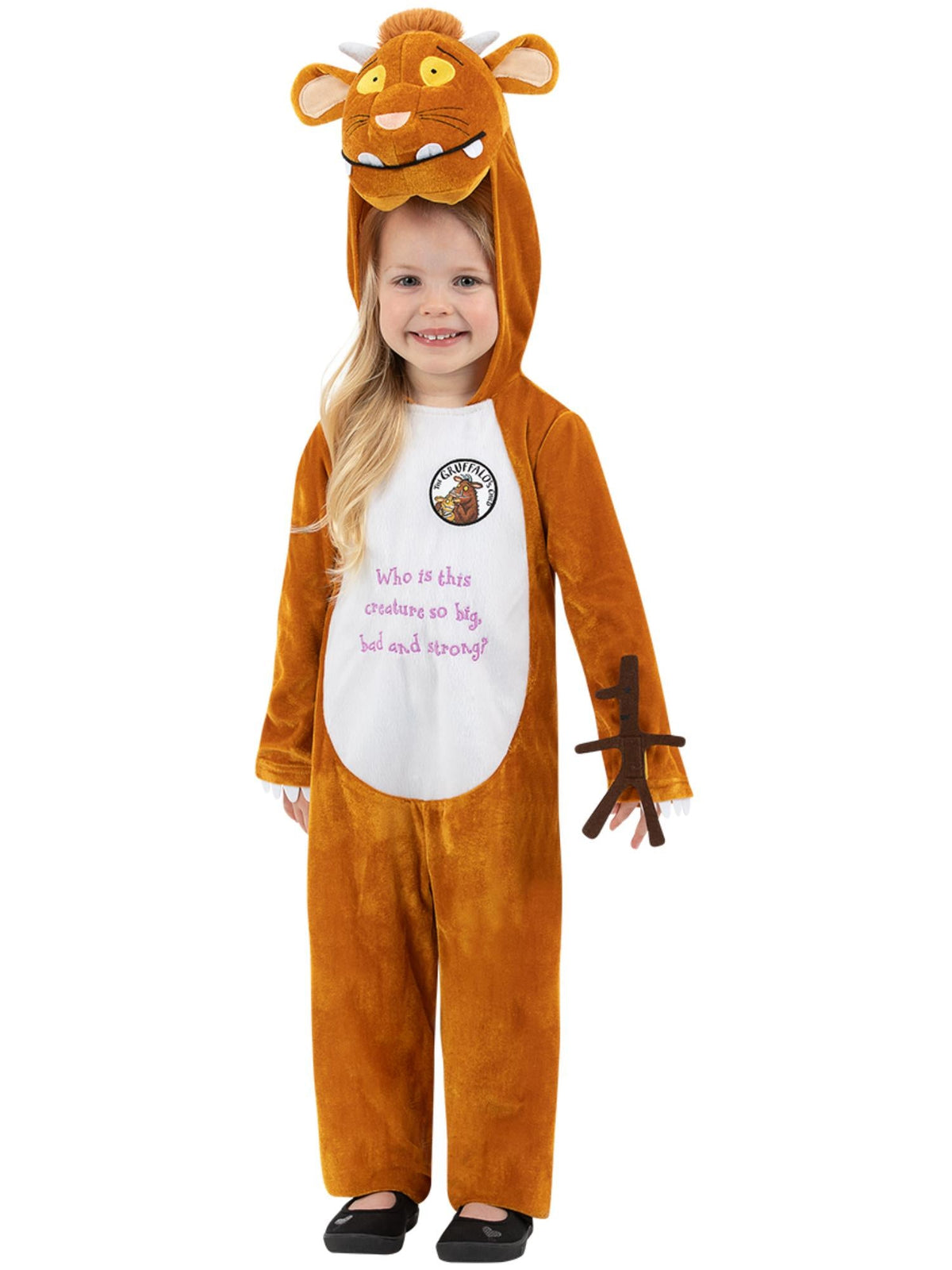 Child in the orange-brown Julia Donaldson Gruffalo onesie with a cream tummy and horned hood