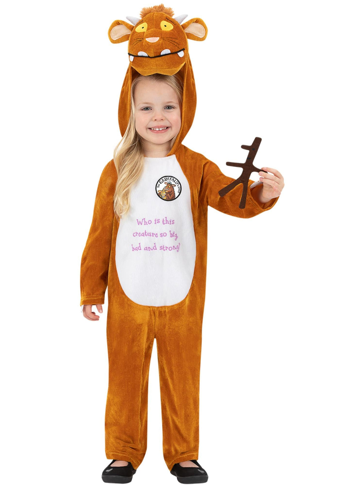 Child in the Julia Donaldson Gruffalo onesie in orange-brown with a horned face hood and felt stick accessory