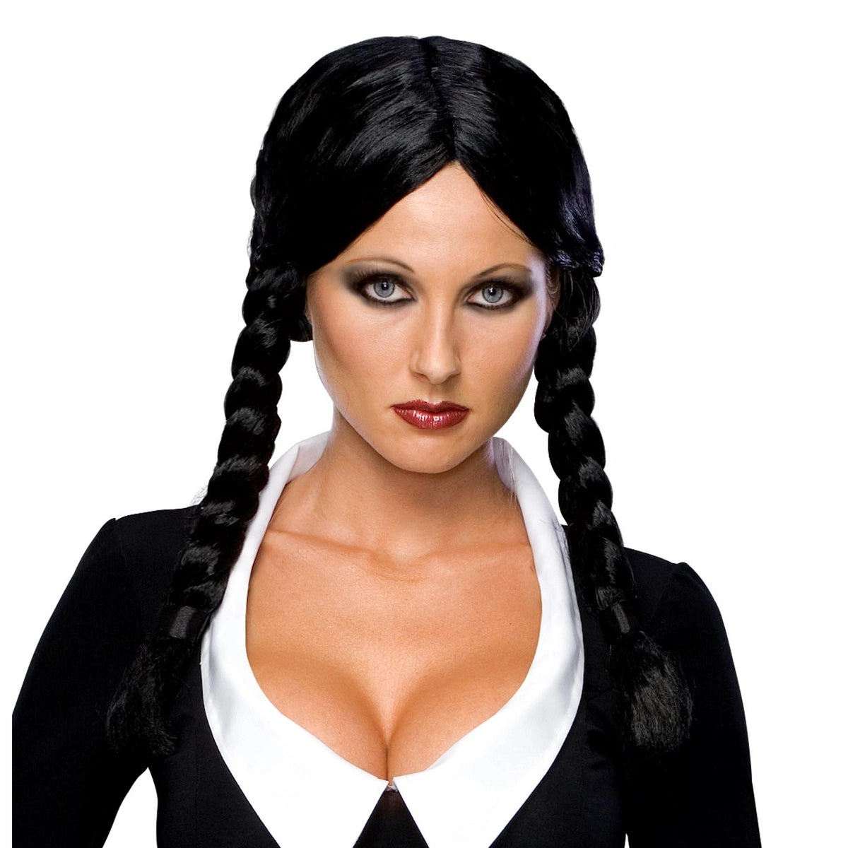 Woman wearing a black Wednesday wig with two long plaits