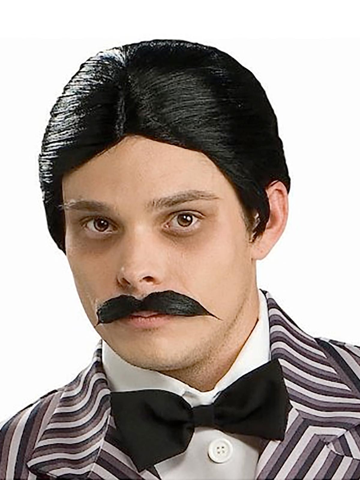 Man wearing a slicked-back black Gomez wig and moustache