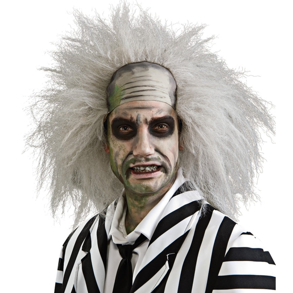 Man wearing the messy grey Beetlejuice wig with a bald front