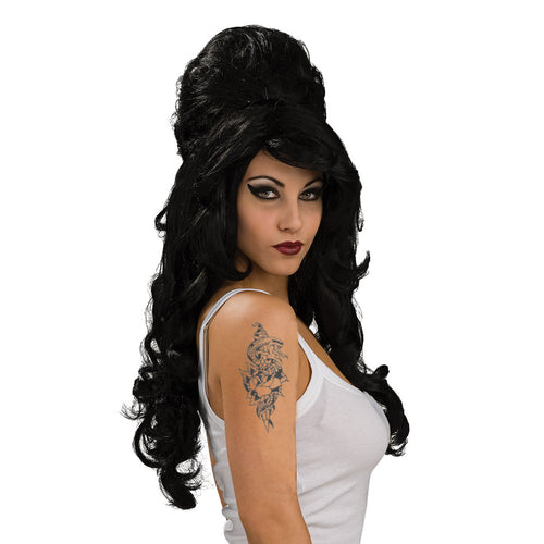 Woman wearing a long black 1960s beehive wig with waves