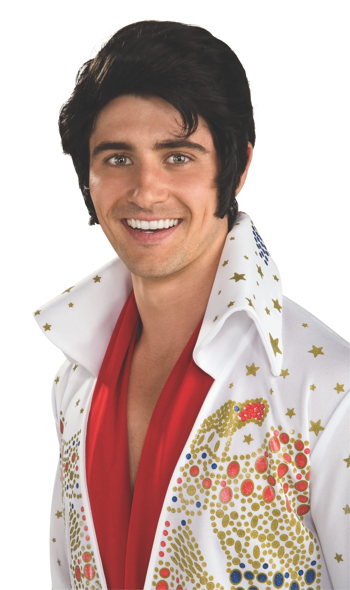 Man wearing a short black Elvis wig with sideburns and swept fringe