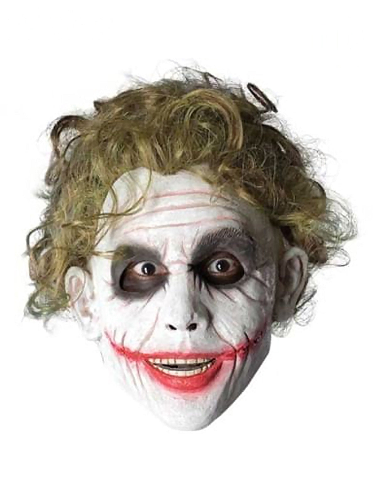 Joker face with curly green-tinged wig and white painted skin