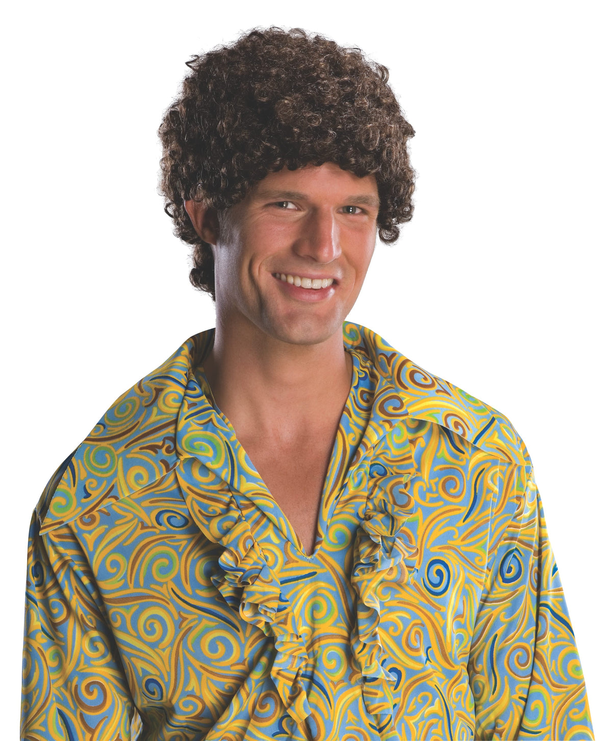 Man in a patterned shirt wearing a short brown tight-curl afro wig