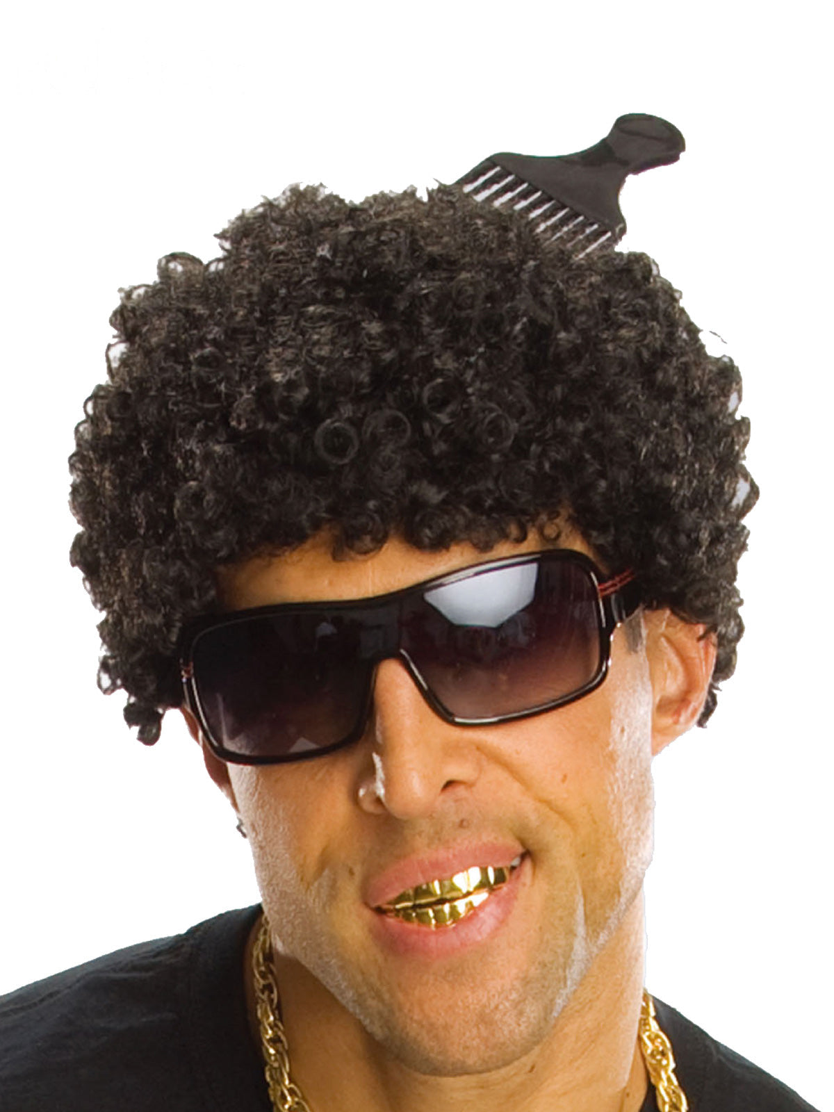 Man wearing a short black tight-curl afro wig