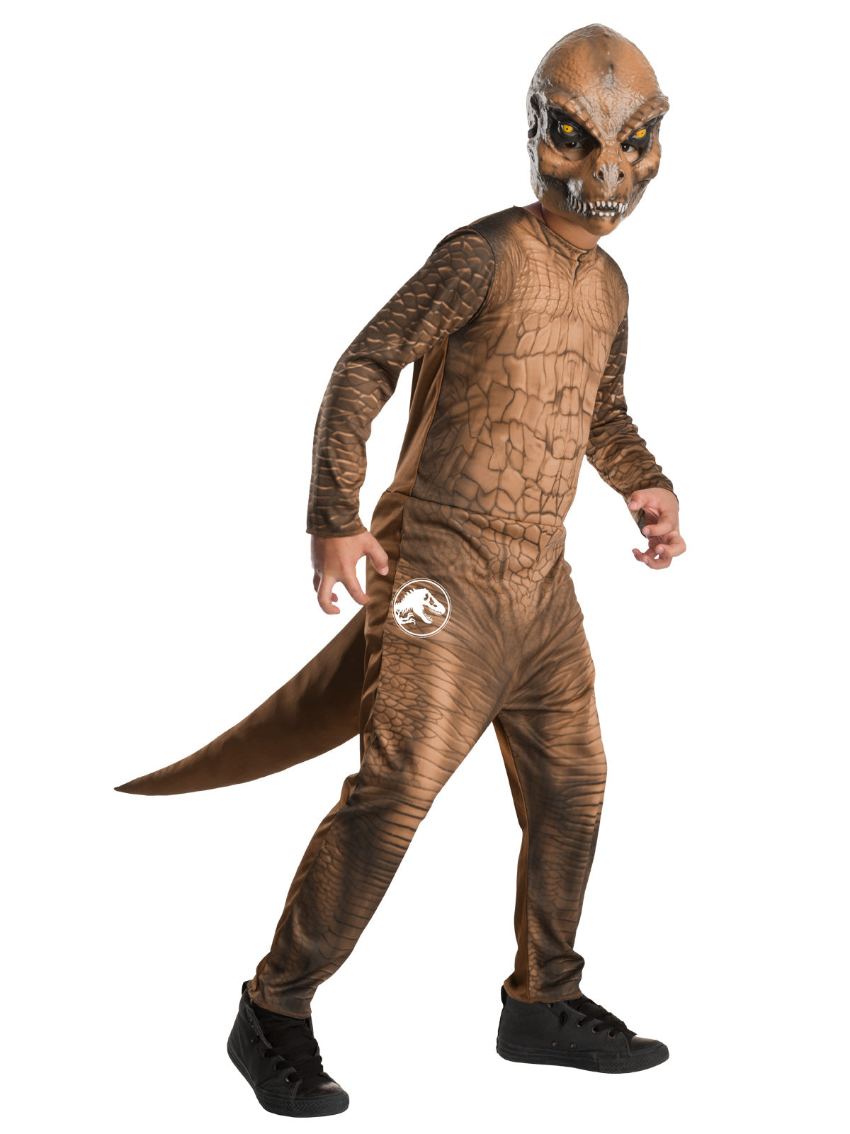 Child in a brown Jurassic World T-Rex printed jumpsuit with stuffable tail and moulded T-Rex mask