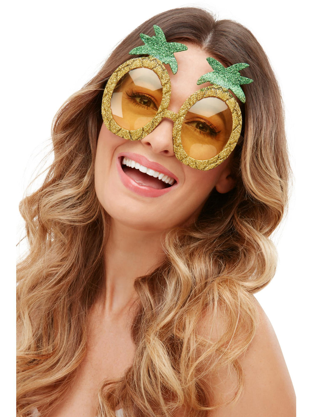 Woman wearing gold glitter pineapple-shaped party glasses