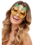Woman wearing gold glitter pineapple-shaped party glasses