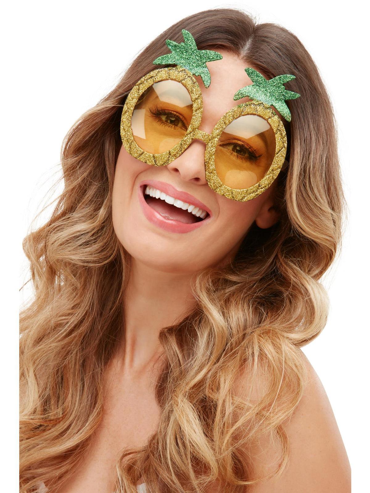 Woman wearing gold glitter pineapple-shaped party glasses