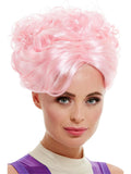 Woman wearing a pink curly updo trapeze artist wig
