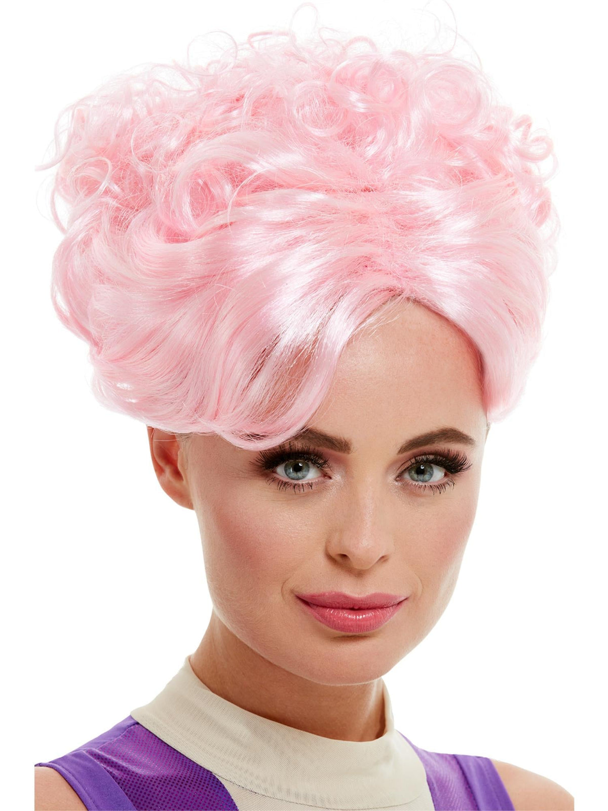 Woman wearing a pink curly updo trapeze artist wig
