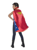 Back view of a girl wearing the red Wonder Woman cape with star-print lining