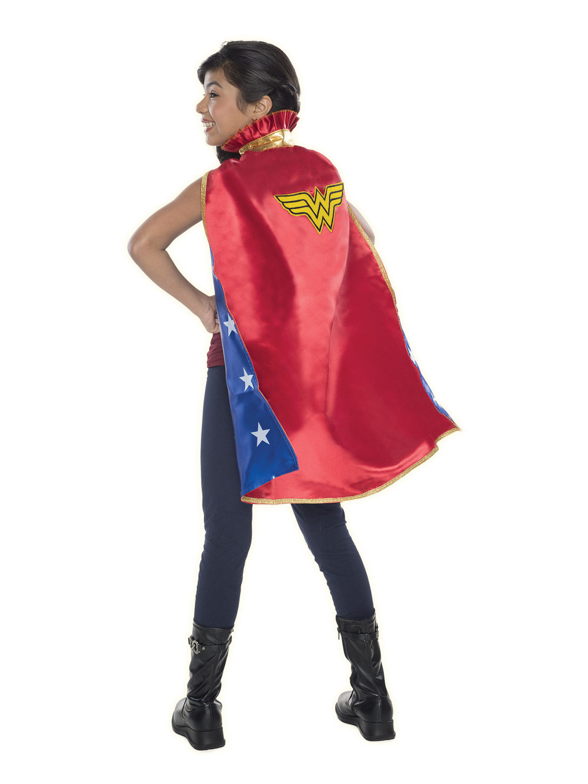 Back view of a girl wearing the red Wonder Woman cape with star-print lining