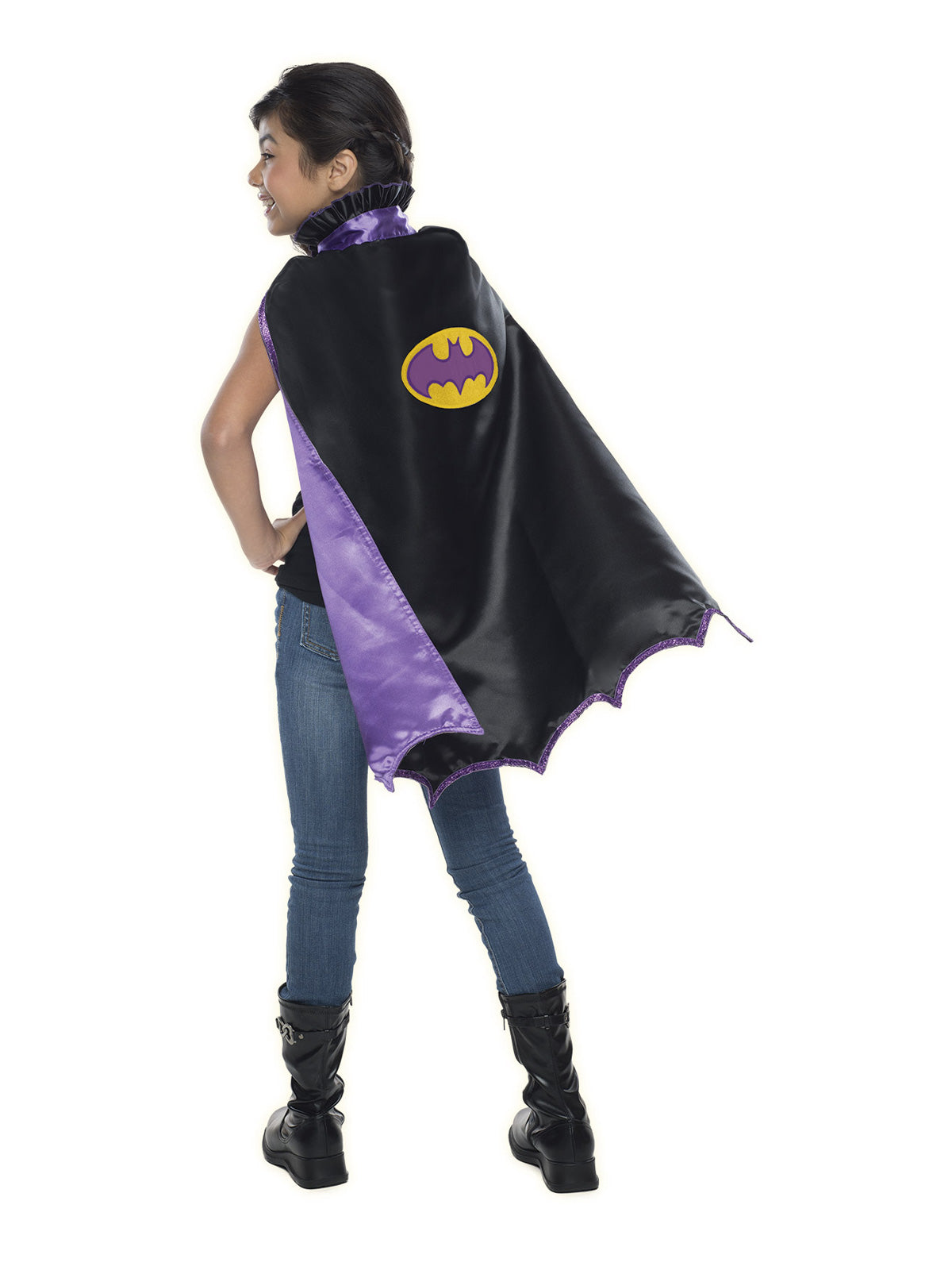 Back view of a girl in the black Batgirl cape with purple lining and bat logo