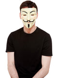 Man wearing a white Guy Fawkes mask with moustache and goatee