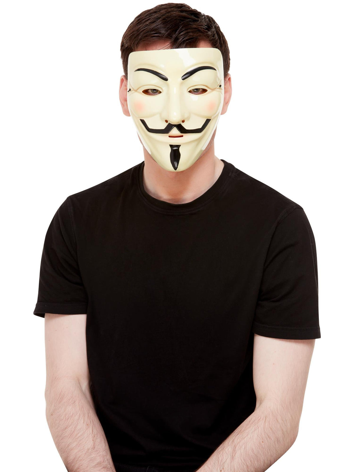Man wearing a white Guy Fawkes mask with moustache and goatee