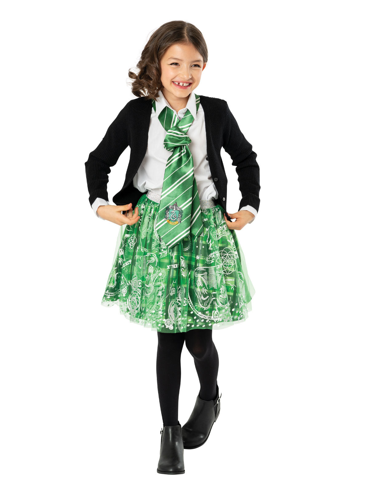 Girl wearing the green and silver Slytherin tutu skirt with snake print