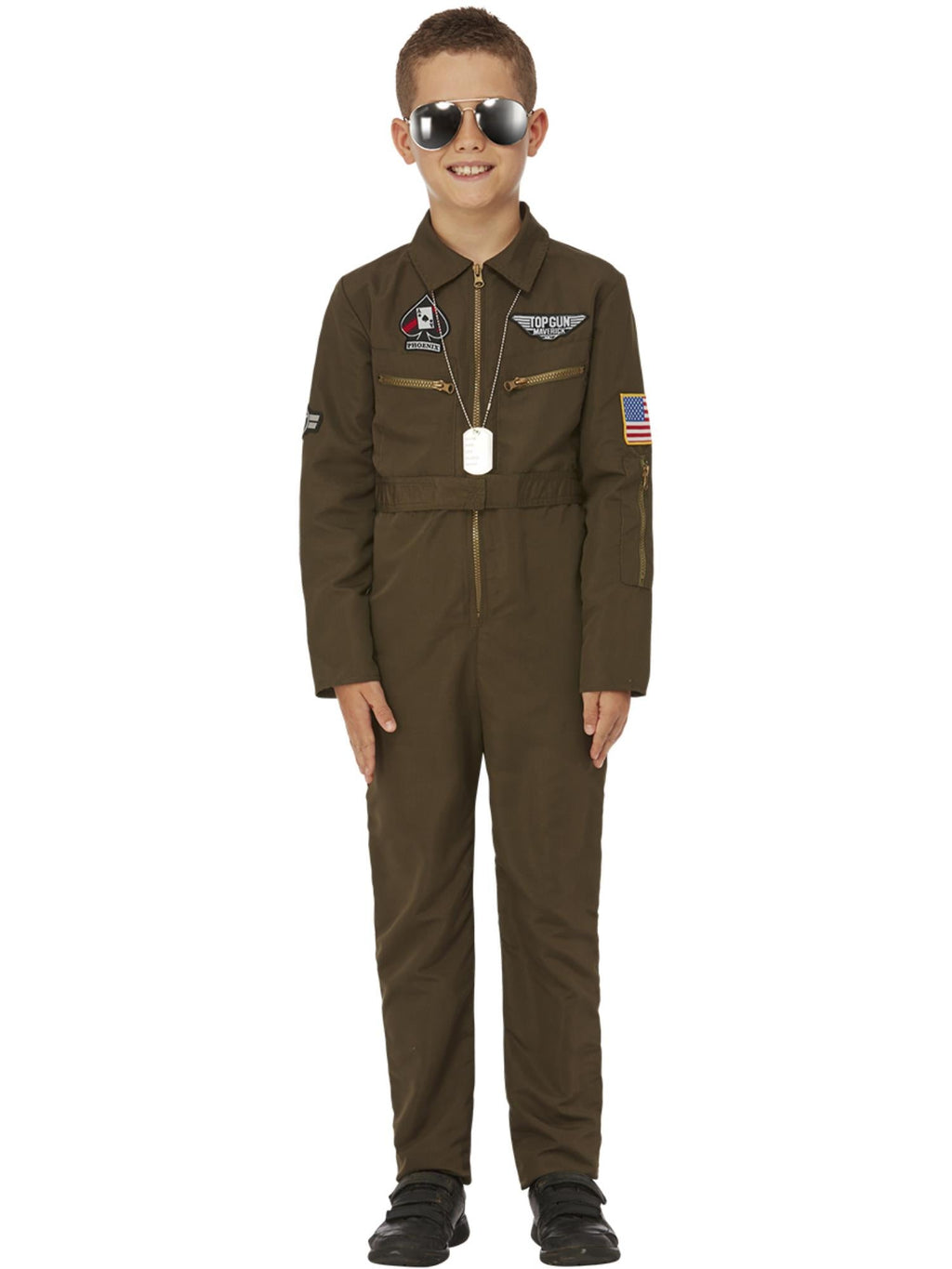 Boy wearing the Top Gun Maverick aviator jumpsuit with name badge, wings patch and flag patch