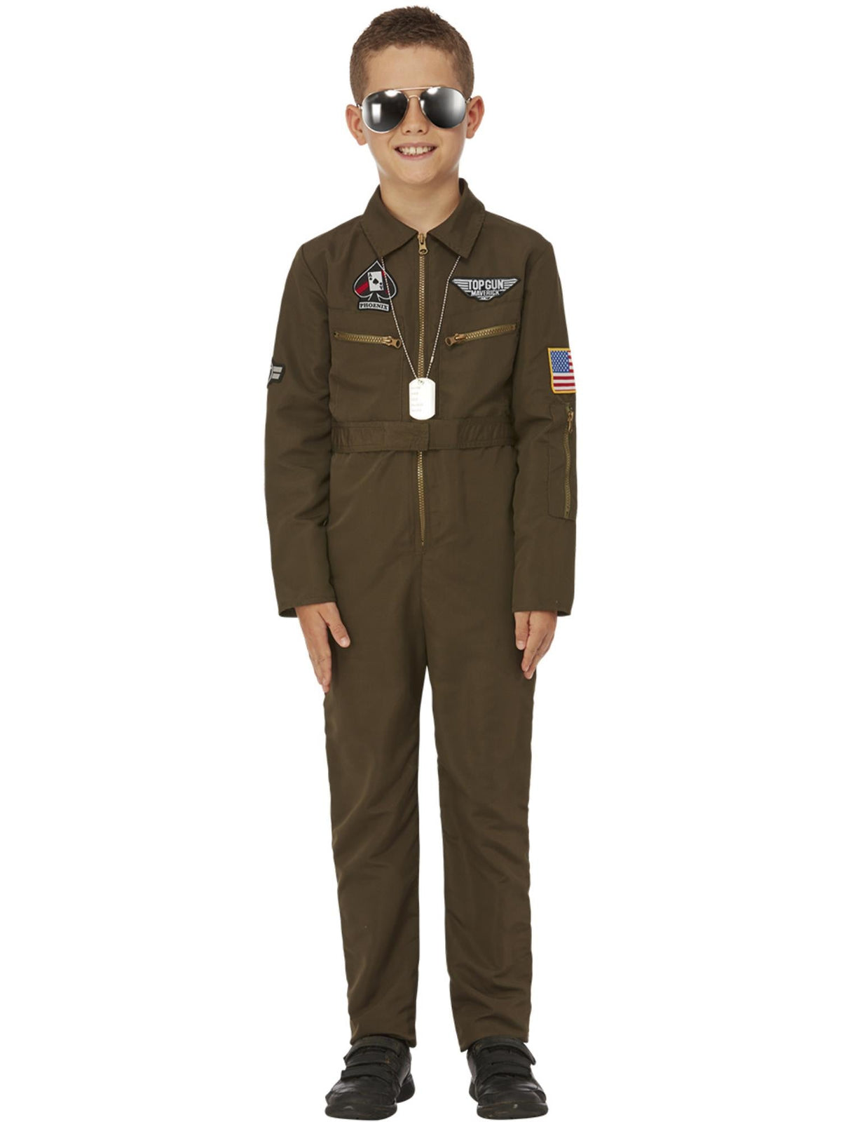 Boy wearing the Top Gun Maverick aviator jumpsuit with name badge, wings patch and flag patch
