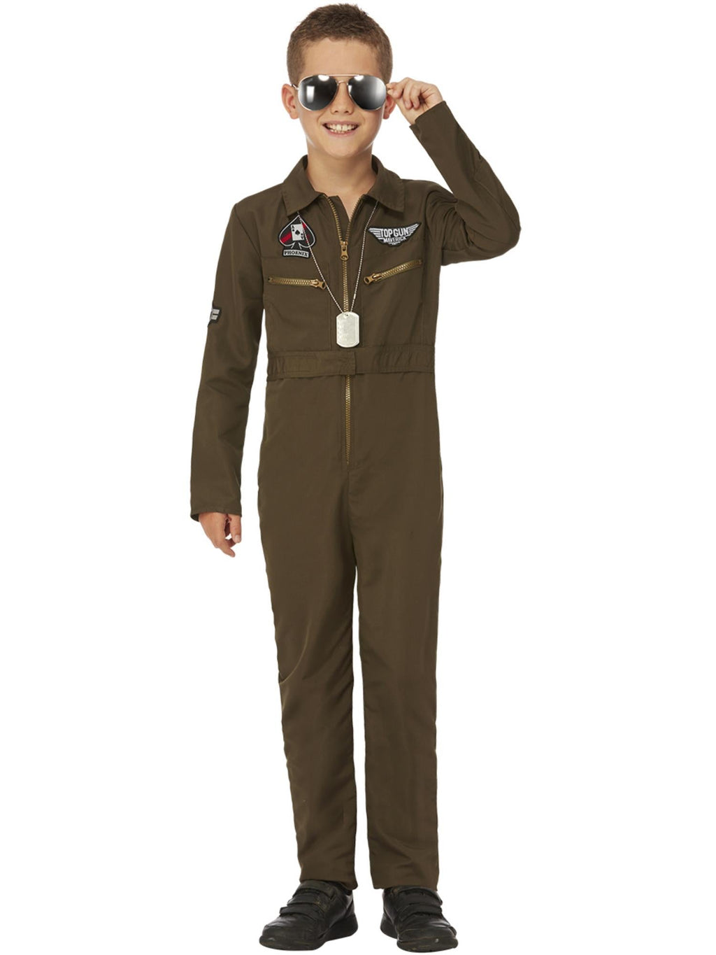 Child in an olive Top Gun Maverick aviator jumpsuit with front zipper, motifs and name badge