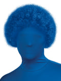 Person in a blue full-face suit wearing a blue tight-curl afro wig
