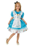 Girl in blue Alice in Wonderland deluxe dress with white lace-trim apron, printed hem and black bow headband