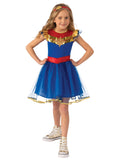 Girl in Captain Marvel tutu dress with gold star collar, red belt and blue tulle skirt