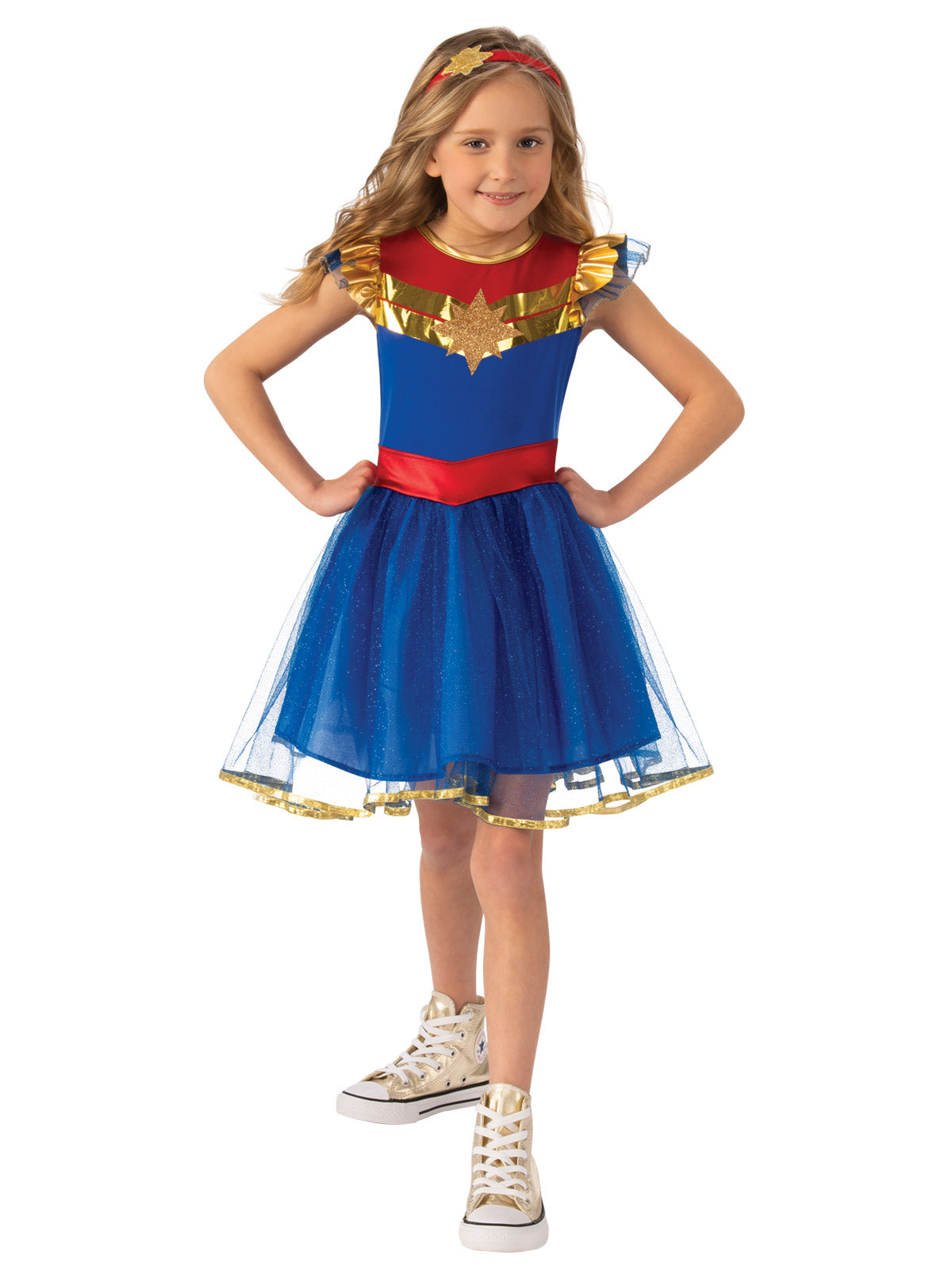 Girl in Captain Marvel tutu dress with gold star collar, red belt and blue tulle skirt