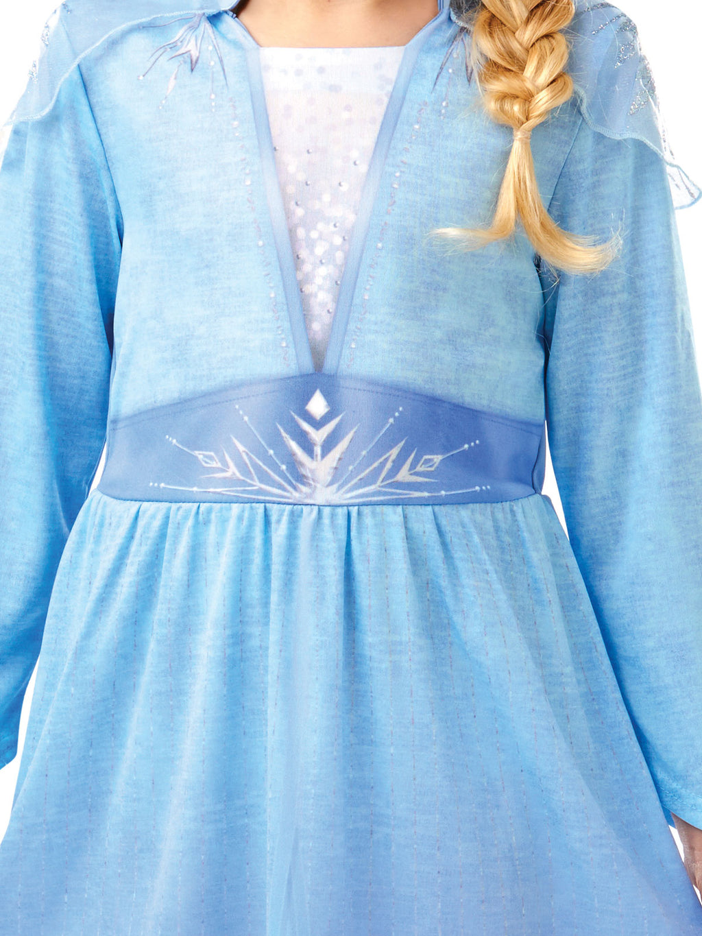 Close-up of the Elsa dress bodice with printed snowflake belt