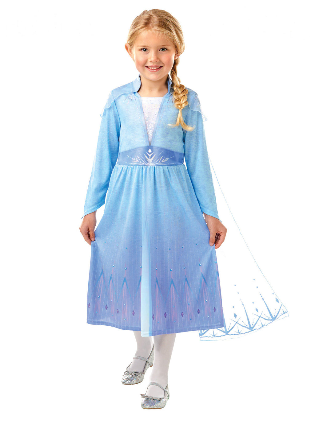 Girl in Elsa Snow Queen dress in blue with snowflake belt and organza cape