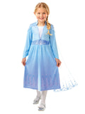 Girl in Elsa Snow Queen dress in blue with snowflake belt and organza cape