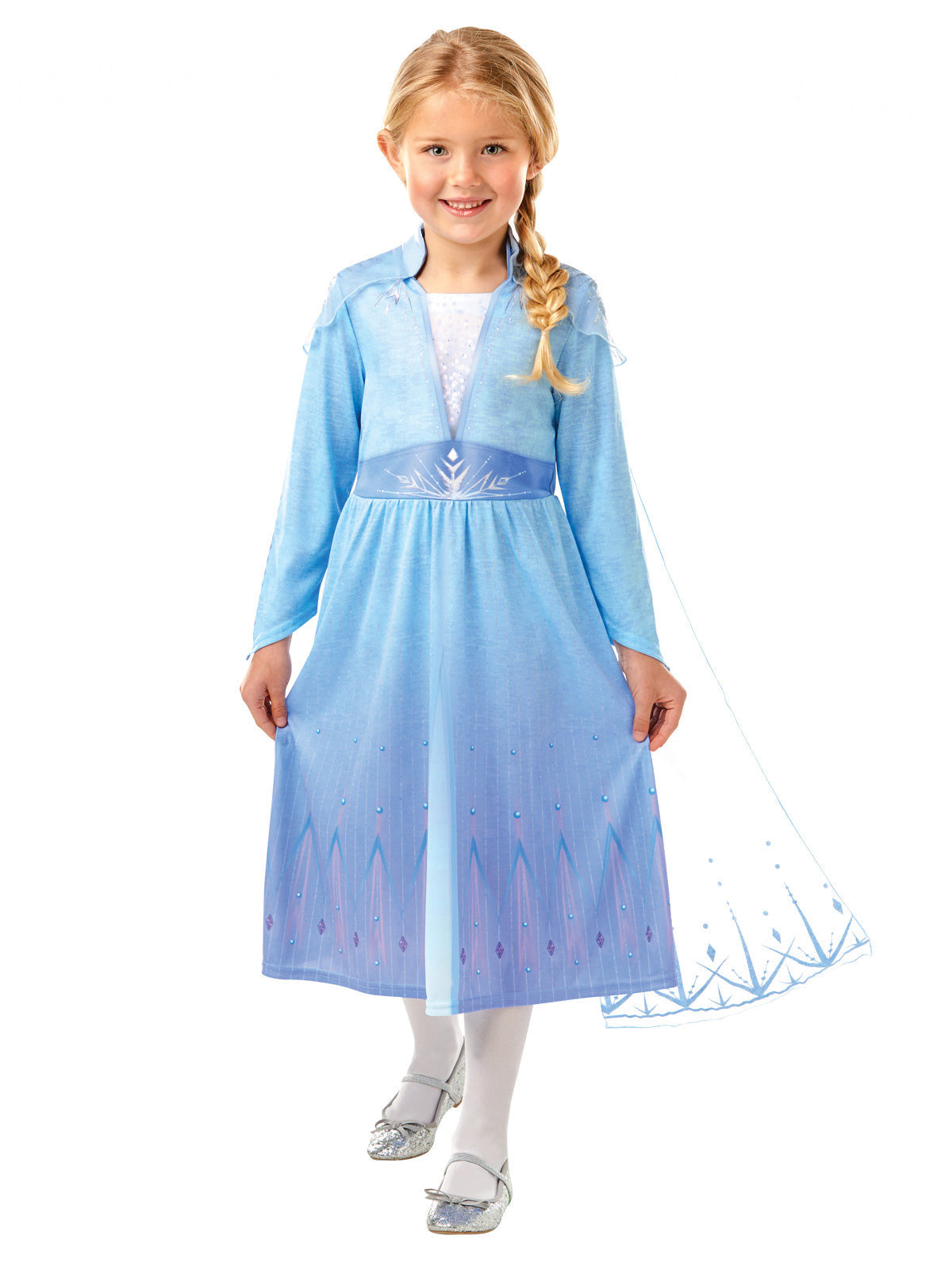 Girl in Elsa Snow Queen dress in blue with snowflake belt and organza cape