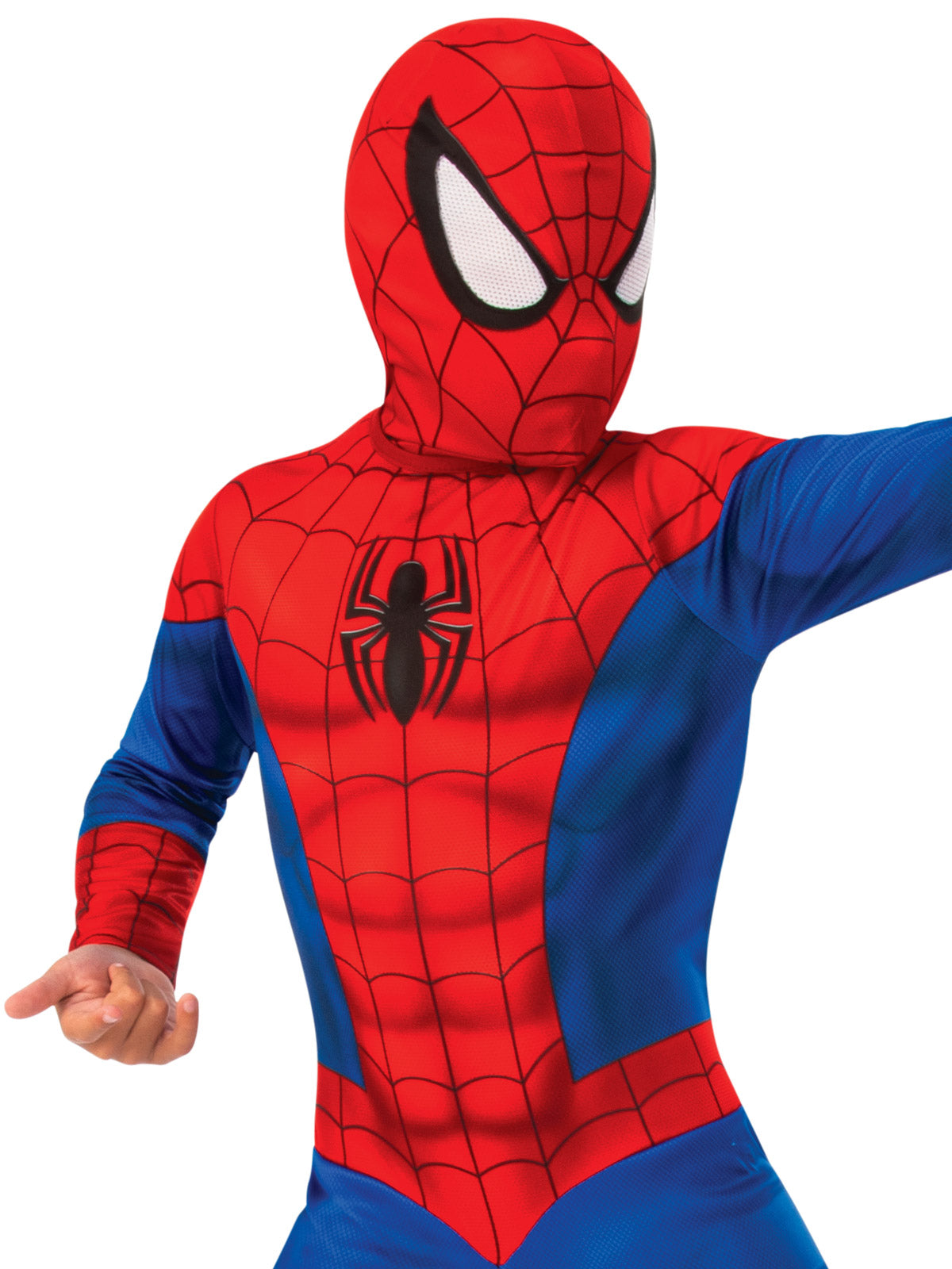 Close-up of the Spider-Man snood and printed web detail on the jumpsuit bodice