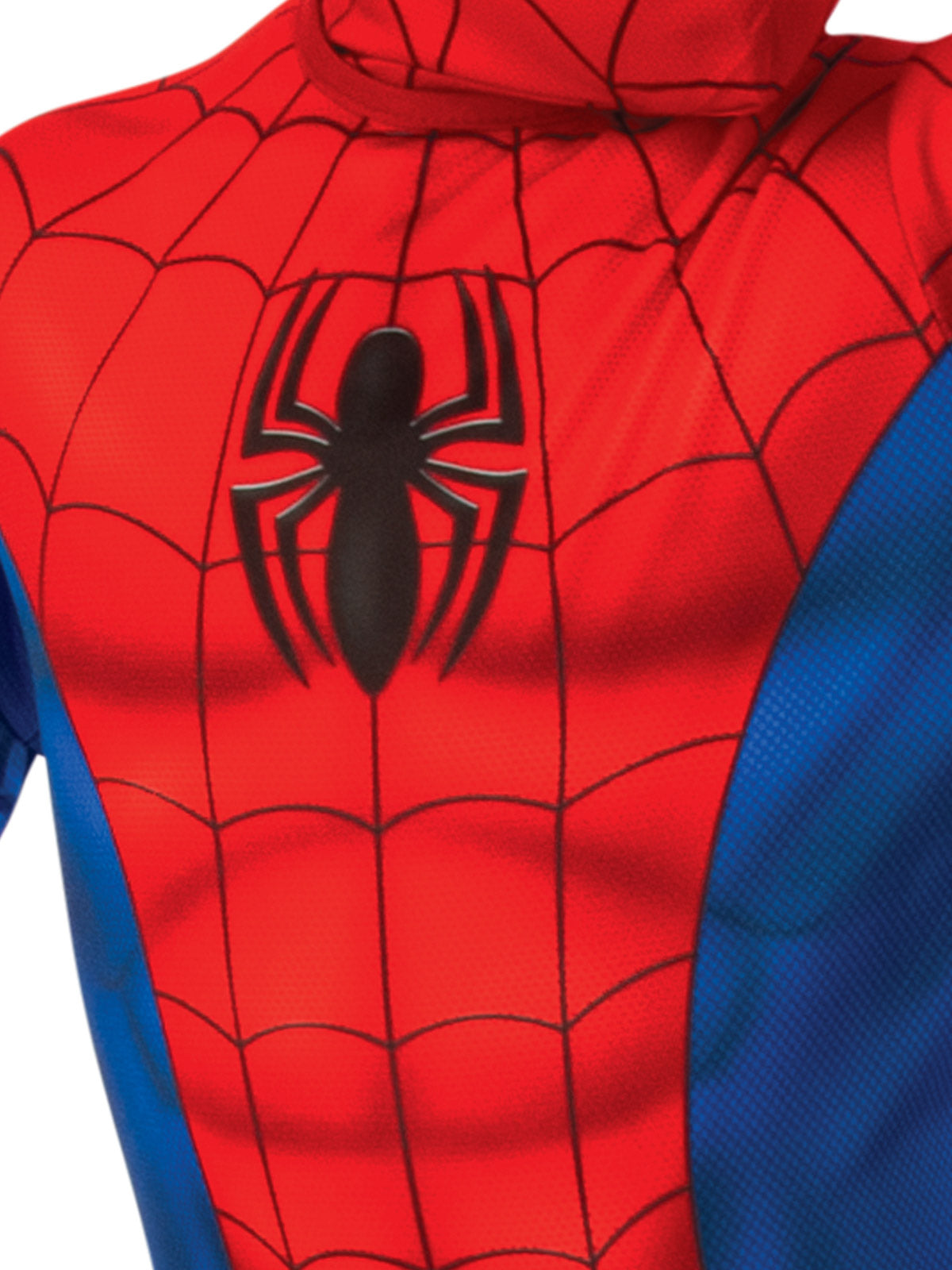 Close-up of the Spider-Man jumpsuit's black spider emblem and red web print