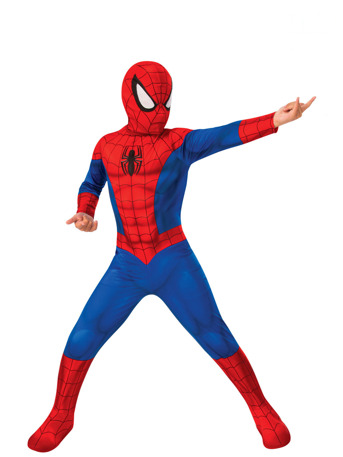 Boy in the Spider-Man costume, a printed jumpsuit with sewn-on red boot tops and snood, in a wide action pose